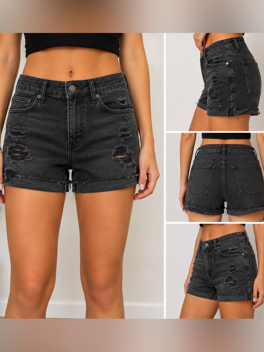American Eagle Outfitters Black Distressed High-Rise Denim Shorts Size 2